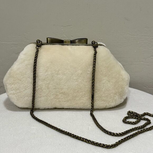 Cream Real Shearling Leather Handmade Bowknot Kisslock Clutch/Wristlet/Crossbody - Picture 5 of 14
